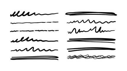 Set of decorative scribble lines in pen, pencil underline, vector doodle hand drawn design elements isolated on white background. Outline symbols collection.