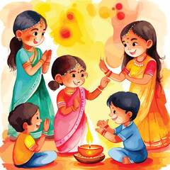 Indian Kids Celebrating Diwali watercolour vector illustration 