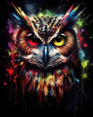 owl  form and spirit through an abstract lens. dynamic and expressive owl print by using bold brushstrokes, splatters, and drips of paint. owl raw power and untamed energy