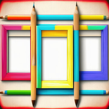 Pencils on a white background, colorful pencils, and a photo picture frame, Polaroid wallpaper, 
