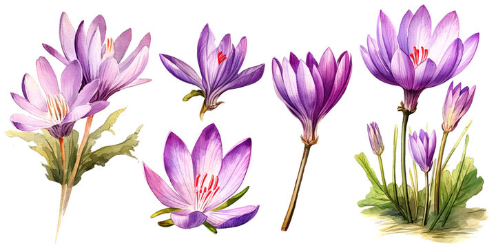 Watercolor Illustration Set of colchicum Flowers, Bouquets and Wildflowers