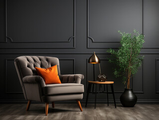 Chair with wall decor in living room interior blackMockups Design 3D, High-quality Mockups, Generative Ai