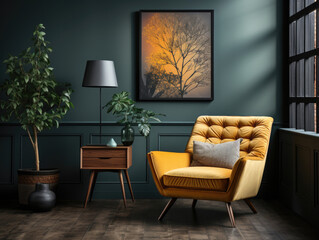 Chair with wall decor in living room interior black, Mockups Design 3D, High-quality Mockups, Generative Ai