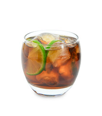 Glass of cold Cuba Libre cocktail isolated on white background