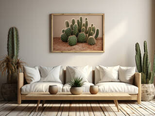 Mock up poster frame interior background with sofa , Mockups Design 3D, High-quality Mockups, Generative Ai