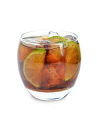 Glass of cold Cuba Libre cocktail isolated on white background