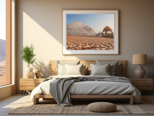 Mockup poster in bedroom interior ethnic style, Mockups Design 3D, High-quality Mockups, Generative Ai
