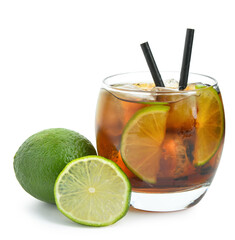 Glass of cold Cuba Libre cocktail isolated on white background