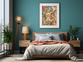 Mock Up poster in bedroom interior ethnic style, Mockups Design 3D, High-quality Mockups, Generative Ai