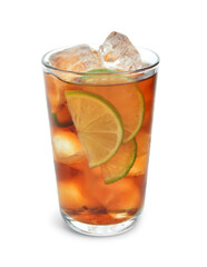 Glass of cold Cuba Libre cocktail isolated on white background