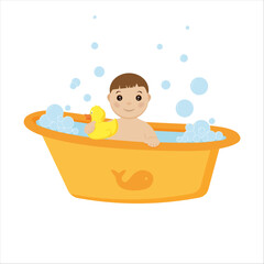 baby boy in the yellow bus with the duck