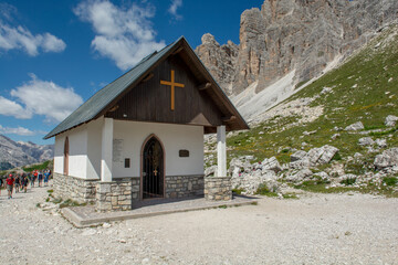 Cappella degli Alpini (Chapel of the Alpini) at the foot of the Tre Cime di Lavaredo.
