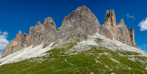 The Tre Cime di Lavaredo ( the Drei Zinnen) in the summer. Sexten Dolomites. Italy.