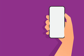 Hand holding mobile phone vertically with white screen in flat style. Black smart phone blank screen in female or male hand for banner. Flat design isolated. Vector 