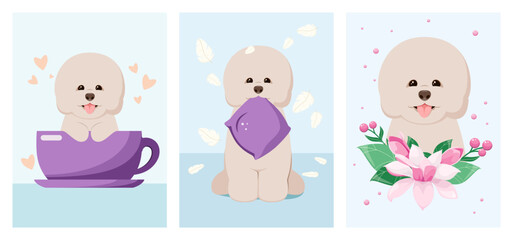 A set of cute cards with bichon frise. A cartoon-style dog.