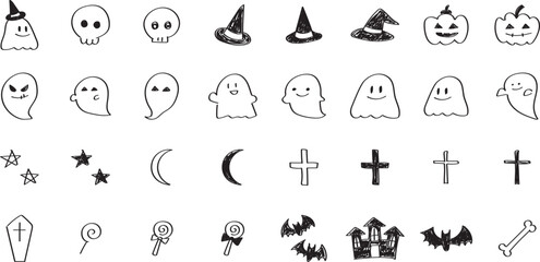 イラスト素材：手書きのシンプルなかわいいハロウィンのイラストセット