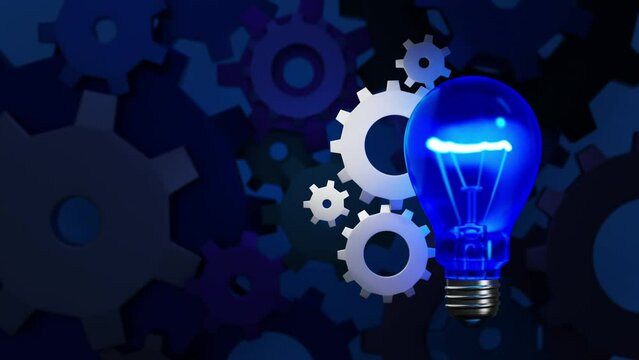 Light bulb lamp with gear mechanism and cog wheels work together, idea and innovation concept, 3D rendering. Loop footage 4K