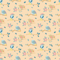 Seamless vector pattern with cute spring birds