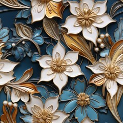Seamless pattern tile with enameled flowers in gold metal. Made with Generative AI.