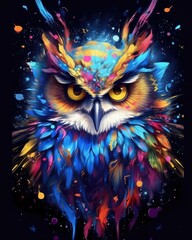 owl  form and spirit through an abstract lens. dynamic and expressive owl print by using bold brushstrokes, splatters, and drips of paint. owl raw power and untamed energy