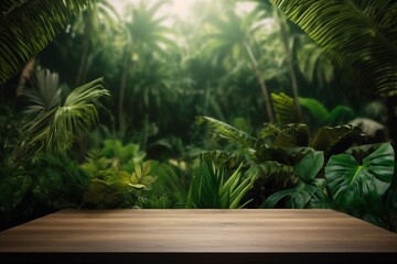 green design podium space wooden color palm mock platform up leaf. Generative AI.
