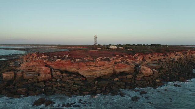Coastal Kimberley region of Australia red dirt and ocean. Abstract aerial drone Gantheaume Point Broome 4K.