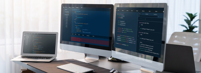 Software development interface display coding script on monitor. Empty tech developer company...