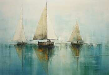 Painting background sailing boats on quiet sea with soft colors