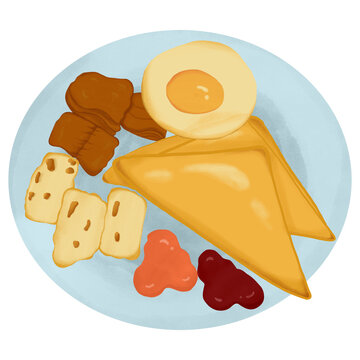 breakfast fried eggs bread and potatoes on a plate hand drawn cartoon style