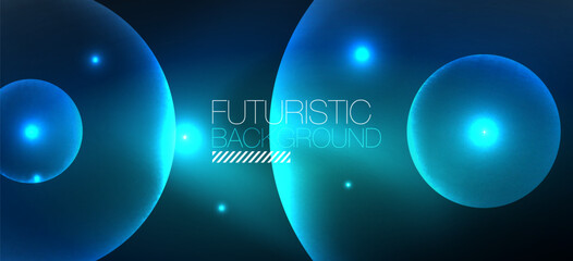 Shiny neon geometric abstract background. Glowing lights on round shapes, triangles and circles. Wallpaper for concept of AI technology, blockchain, communication, 5G, science, business