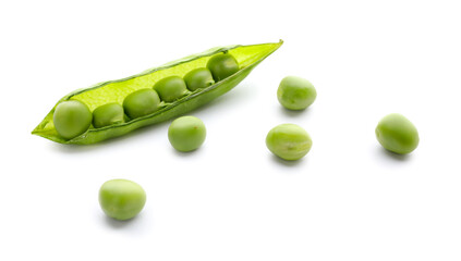 Green pea pod on white background