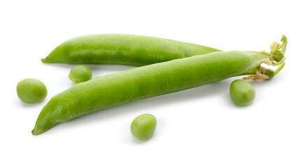 Green pea pods on white background