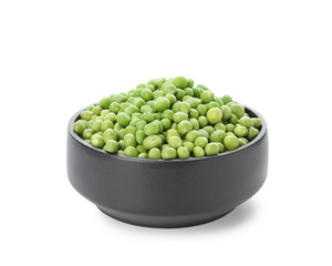 Bowl with fresh green peas on white background