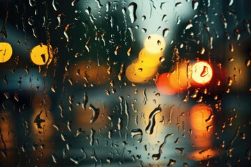 City ​​night rainy window background, AI generated