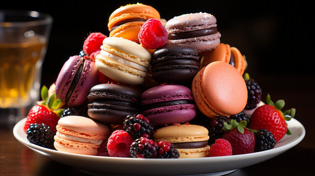 Photographie d'une assiette de macarons aux fruits, avec un zoom sur les coques brillantes et les garnitures cr&eacute;meuses. IA g&eacute;n&eacute;rative, G&eacute;n&eacute;rative, IA