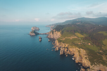 Obraz premium Aerial view of San Juan de Gaztelugatxe in spain