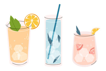 set cold drinks illustration vector format.set cocktails with ice.  Juice, liqueur, soda, lemonade, ice, mint, lemon, orange, grapefruit. Flat illustration style isolated objects white background
