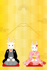 2024年辰年の和風年賀状、着物の辰（龍・竜）と富士山の背景