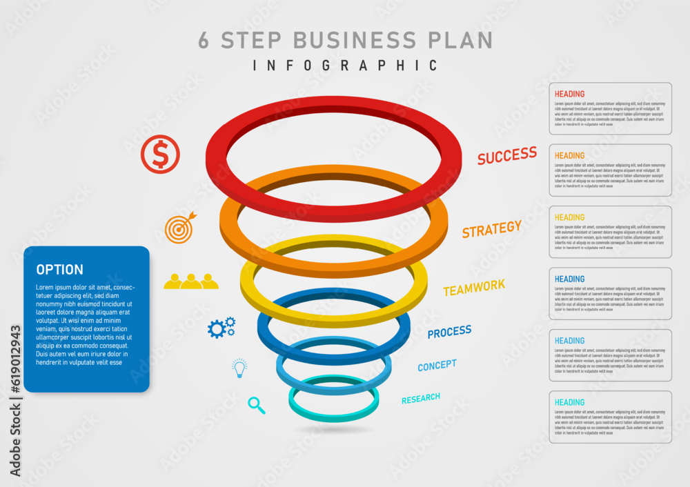Wall mural 3d infographic template 6 steps business plan success circular multicolored stacked vertically sever