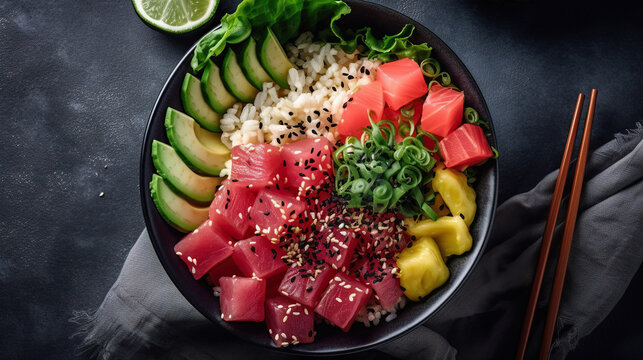 Hawaiian poke bowl with tuna, avocado, rice, seaweed and sesame seeds. Generative AI