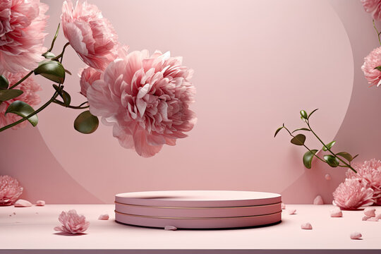 Elegant 3D Rendered Cosmetics Exhibition: A Floral pink Digital Marketing Showcase for E-commerce