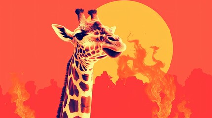 Giraffe on fire in retro style. Generative AI