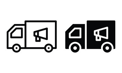 Advertisement on truck icon with outline and glyph style.