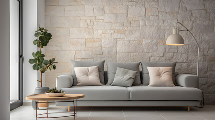 Light grey living room sofa with pillows in front of a natural stone wall