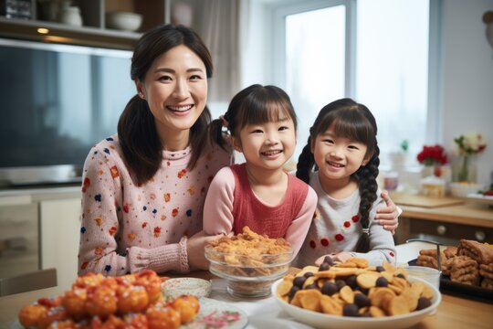 Beloved Asian mother and little daughter eating snacks and drinking milk in the kitchen. Enjoy freshly baked cakes Happy family eating homemade sweets and bonding at home