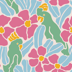 Seamless pattern with parrots sitting on branches with flowers. In flat retro style.