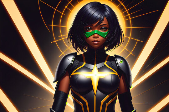 Female African American Superhero. Portrait Of Black Woman N Fantastic Costume And A Super Hero Mask. Generative AI.