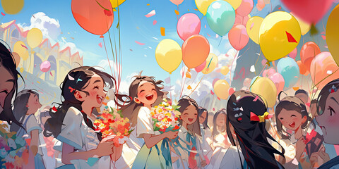 Many students holding balloons and bouquet are celebrating graduation or successfulness under the blue sky. Created with Generative AI technology.  - obrazy, fototapety, plakaty