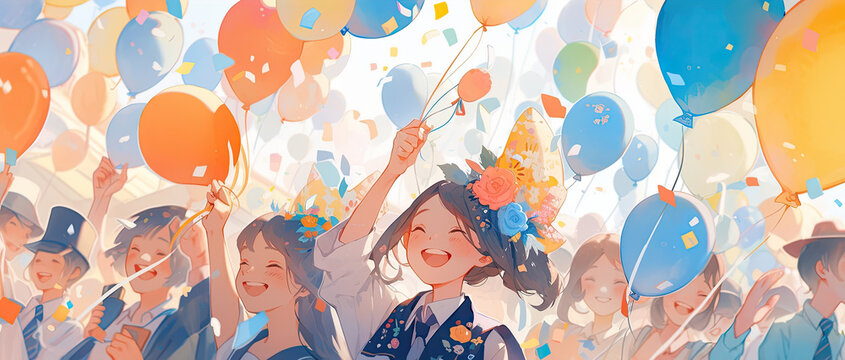 Many students holding balloons and bouquet are celebrating graduation or successfulness under the blue sky. Created with Generative AI technology. 