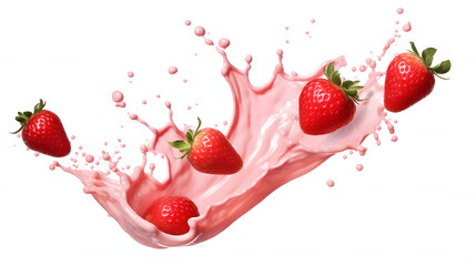 Fototapeta milk or yogurt splash with strawberries isolated on white background, 3d rendering. obraz